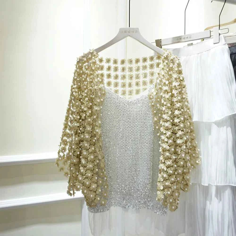 Women Beads Coat 2025 Summer Style Women Perspective Shawl Fashion Hollow Out Lace Boleros Short Sleeve Coats Jackets Femal