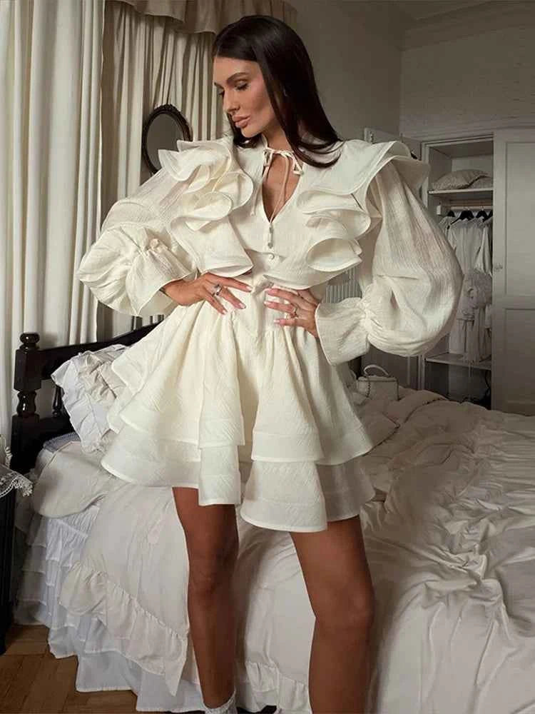 Solid Ruffle Mini Dress U Neck Long Puff Sleeve Tie Neck Tiered Hem Sweet Style Gown Soft Pastel Tones Fashion Chic Women Outfit