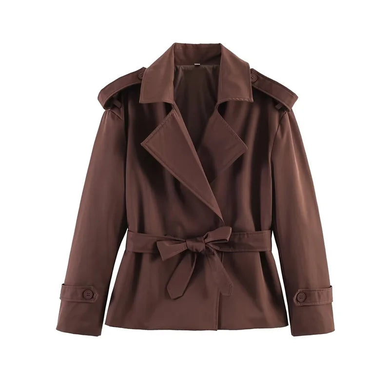Women's Coat 2026 Spring New Style Solid Color Long Sleeve Belted Short Trench Coat European and American Personalized Fashion