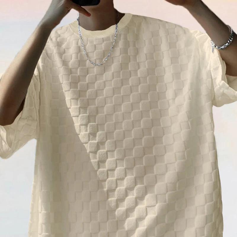 Conjunto de shorts casuais de perna reta e tamanho grande, camiseta xadrez jacquard de manga curta para homens, verão 2025