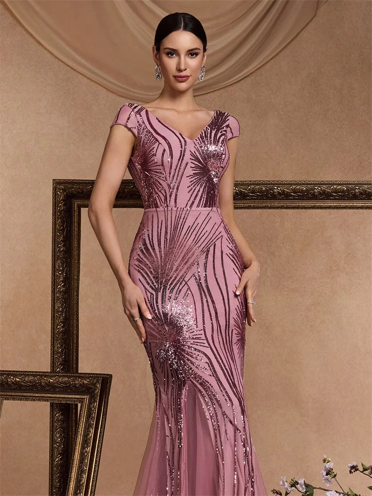 Luxury Cap sleeve V-neck Sequin Formal Evening Dress Women 2025 Elegant Mermaid Party Maxi Prom Arabia Cocktail Graduation Gowns
