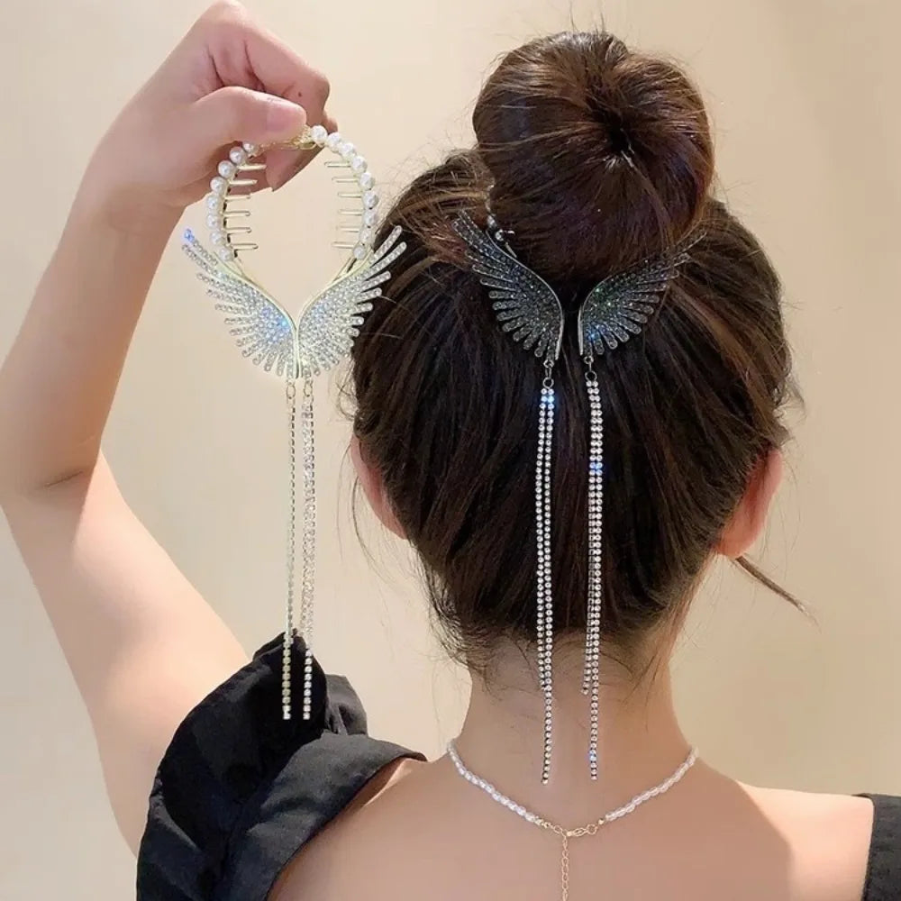 Chinese Style Flower Tassel Hair Bun Buckle High Ponytail Buckle Pearl Chain Pan Hair Claw Clip Fashion Lovely Alloy Headwear