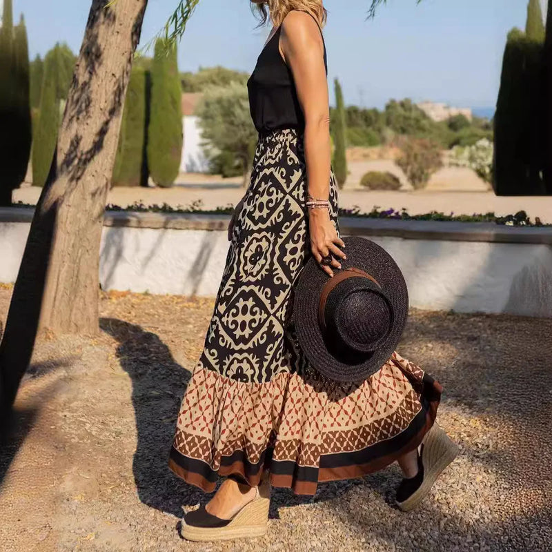 Saia maxi estampa boho feminina moda cintura alta impressão 3D vestido longo casual solto verão saias de cintura alta