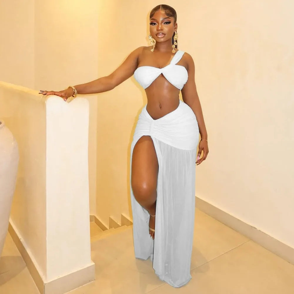 FLARORA Sexy Mesh Ruched 2 Piece Sets Woman Strapless Crop Tops And High Split Long Skirts Suits Elegant Beach Vacation Clothing