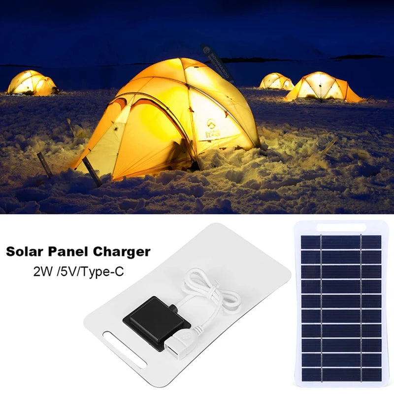 Painel solar de 2 W e 5 W com USB à prova d'água para caminhadas ao ar livre e acampamento, bateria portátil, carregador de celular, painel de carregamento de 5 V
