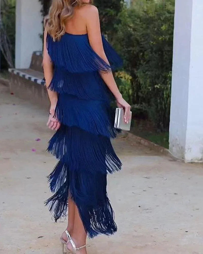 Elegant Asymmetric Slim Evening Dress Fashion Tassel Club Party Dress 2024 Lady Sexy Diagonal Collar Sleeveless Tank Long Dress