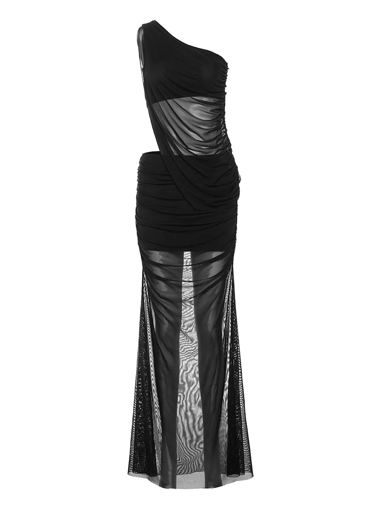 Conjunto de 2 peças irregulares Weird Puss para mulheres, blusa regata de malha com gola diagonal e saia longa franzida, combinando com roupas de clube