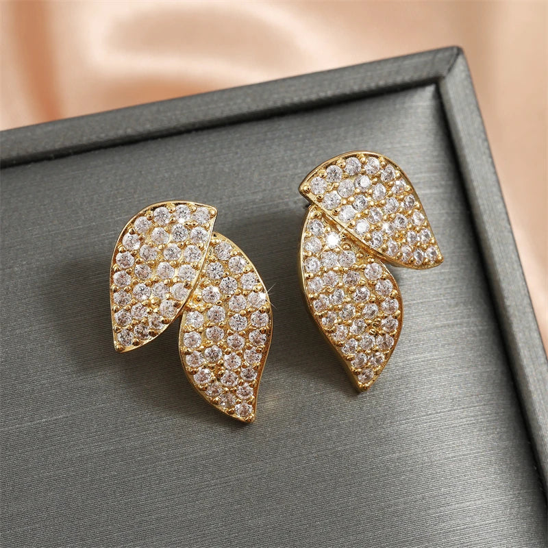 RAKOL Exquisite Full Zircon Leaf Stud Earrings for Women Korean Luxury Jewelry Elegant Flower Earring Bridal Wedding Party