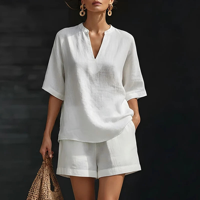 Summer Casual Cotton Linen Two Piece Set For Women V Neck Short Sleeve Shirt High Waist Pocket Short Suit Women Comfortable Set
