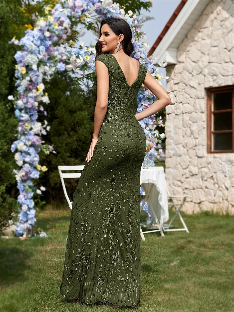 BLUEPLUM New Elegant Green SequinS Evening Dress Women Long Luxury Mermaid Formal Deep V-neck Prom Luxury Wedding Party Gowns