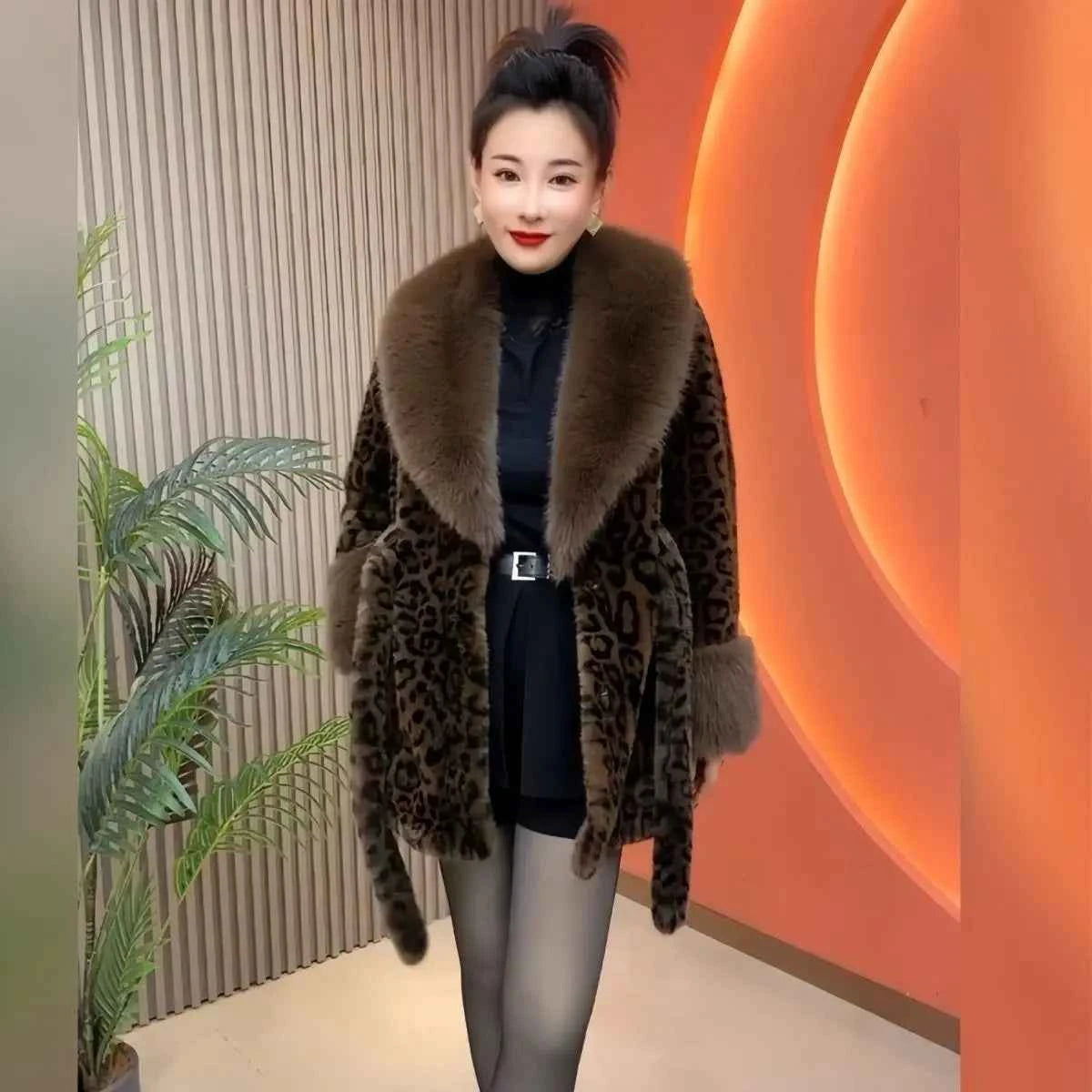2025 New Women Autumn Winter Leopard Print Temperament Fur Coat Medium-Long High End Fur Collar With Belt Fur Jacket Overcoat