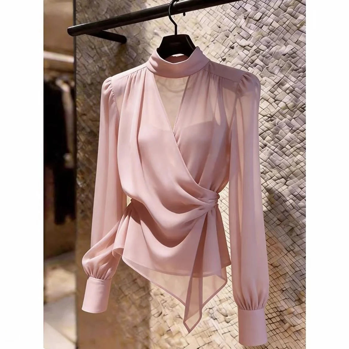 Elegant V-Neck Long Sleeve Women's Shirt Asymmetric Fashionable Versatile Top for Summer Season French Style Slim Fit Shirt
