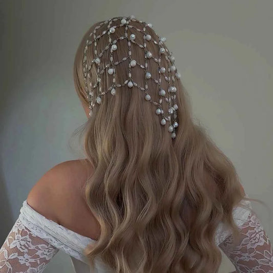 Elegant Round Pearl Mesh Headpiece Tiara Wedding Head Accessories 2026 Temperament Bridal Tassel Hair Chain Hat Prom for Women