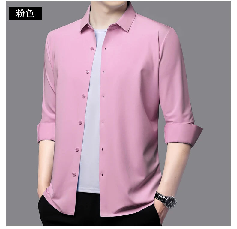 Camisa masculina premium ultraelástica - Camisa formal de manga comprida de seda de alta qualidade para uso social e casual