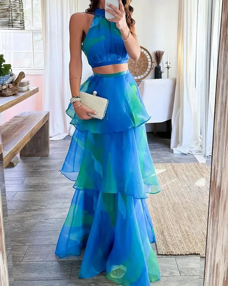 Cake Skirt Set Women Dress Sets Two Piece Sets Sexy Print Sleeveless Short Tops Elegant Splice High Waist A Line Long Skirts