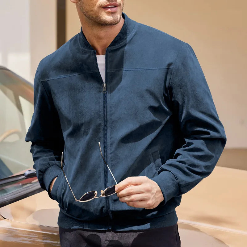 Men's Business Casual Suede Jacket Zipper Collar Warm Sporty Outerwear Polyester Fabric Long Sleeve round Hem Knitted Sleeve