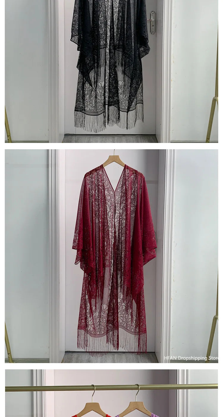 Women Sun Protection Shawl Lady Summer Hollow Out Lace Cardigan Holiday Bikini Blouse Breathable Beach Cape Sexy Long Tippet