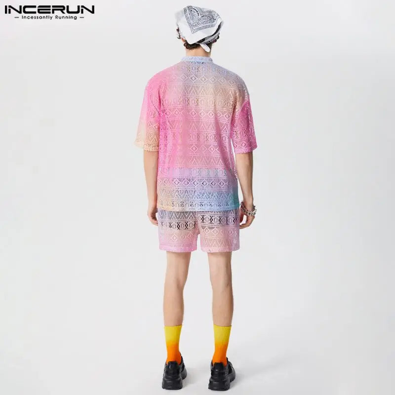 Conjuntos masculinos  de renda transparente com tie-dye, lapela degradê, camisa de manga curta e shorts, 2 peças,  urbana, ternos