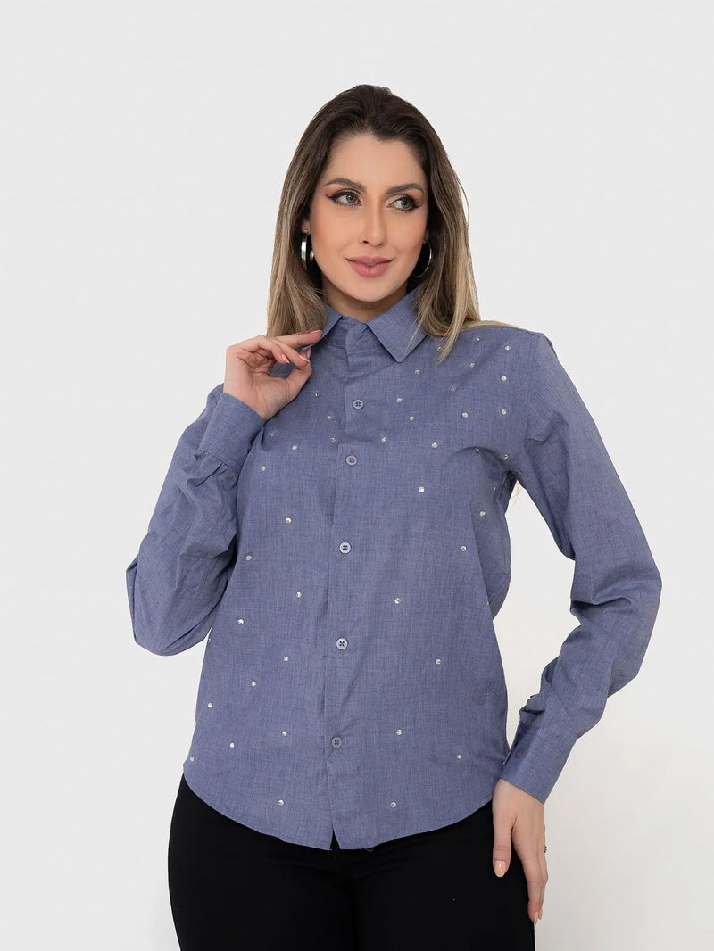 Women's KIT 2 Pieces-Cobalt Blue Linen Social Shirt with Rhinestone and Flare Jeans Black
