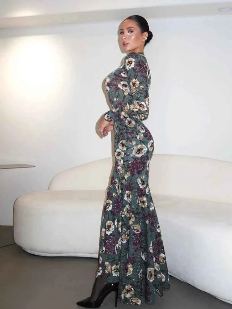Kliou Flower Print Maxi Dress Woman o-Neck Full Sleeve Skinny High Waist Robe Street Casual Elegant Style Basic Long Bodycon