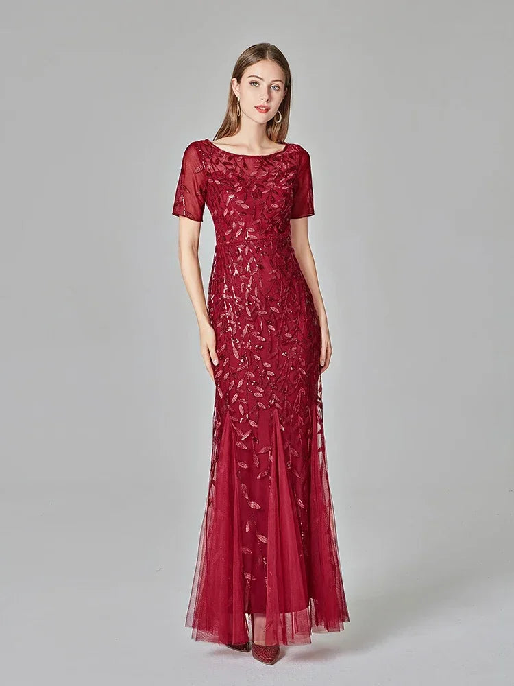 Plus Size Women's Evening Dress Fishtail Short Sleeve Lace Appliqué Tulle Stitching Personalized Design Long Party Evening Dress