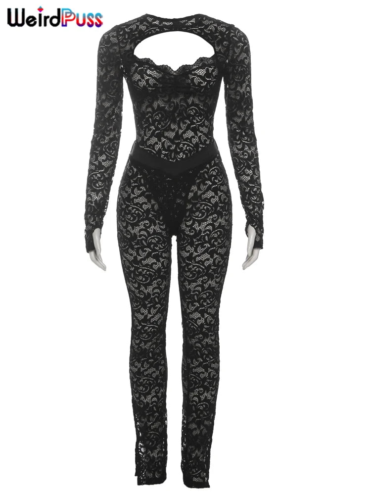 Weird Puss See Through 2 Piece Set Women Sexy  Hollow Jacquard Backless Bodysuit+Leggings Tight Activity Clubwear Skinny Outfits