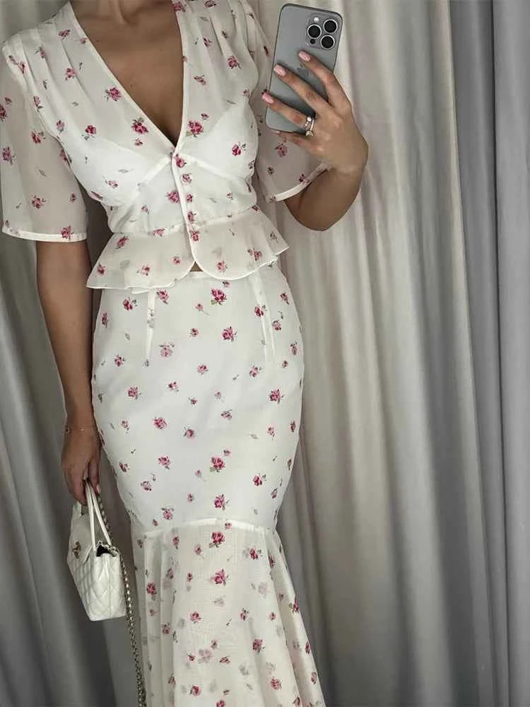 Women White Floral Print Maxi Dress V Neck Puff Sleeve Peplum Waist Fishtail Hem Chiffon Robe Elegant Party Wedding Guest Gown