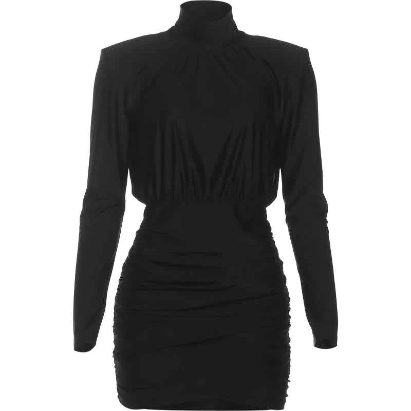 Weird Puss Elegant Shoulder Padded Dress Women Turtleneck Ruched Sexy Classic Office Commute Simple Peach Hip Slim Mini Bodycon