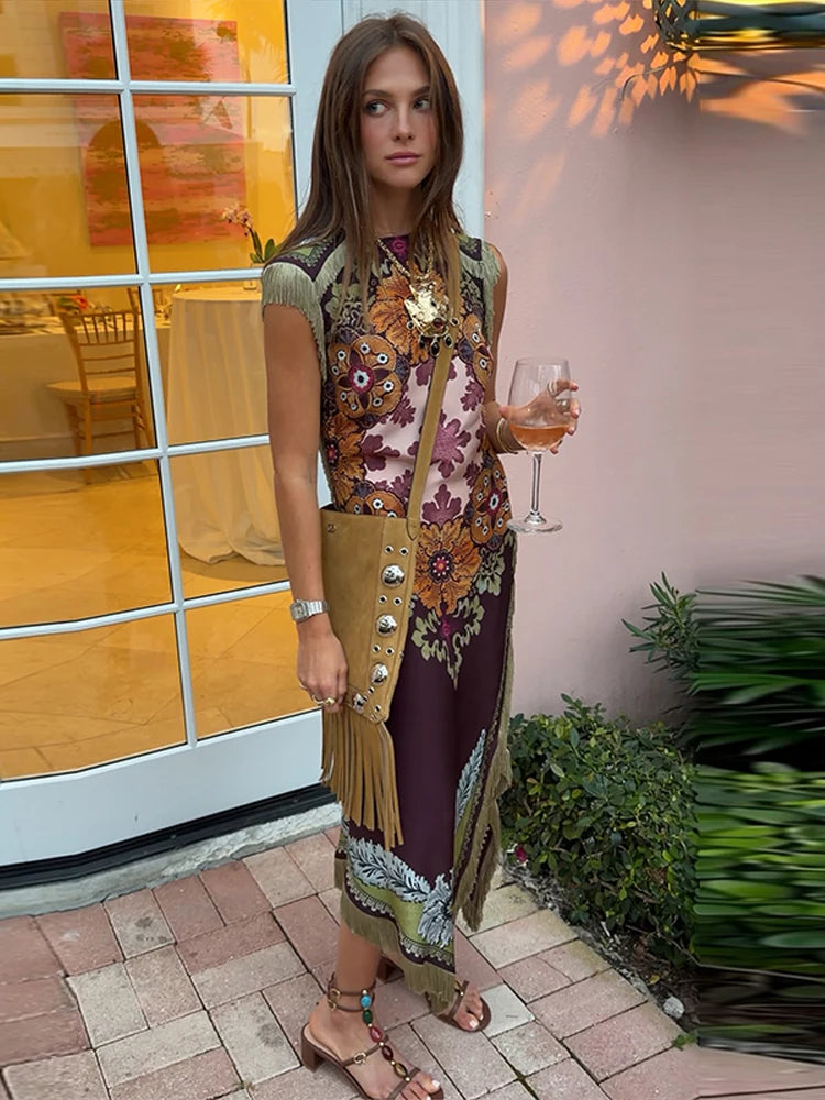 Elegant Printed Women's Tassel Dress Fringed Sleeveless Slim Irregular Party Evening Dresses 2026 Spring Summer Lady Vestidos