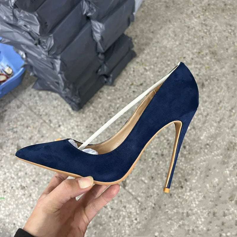 Sapatos de salto alto femininos de camurça sintética azul marinho, bico fino, sem cadarço, salto agulha OL feminino, 8, 10, 12 cm