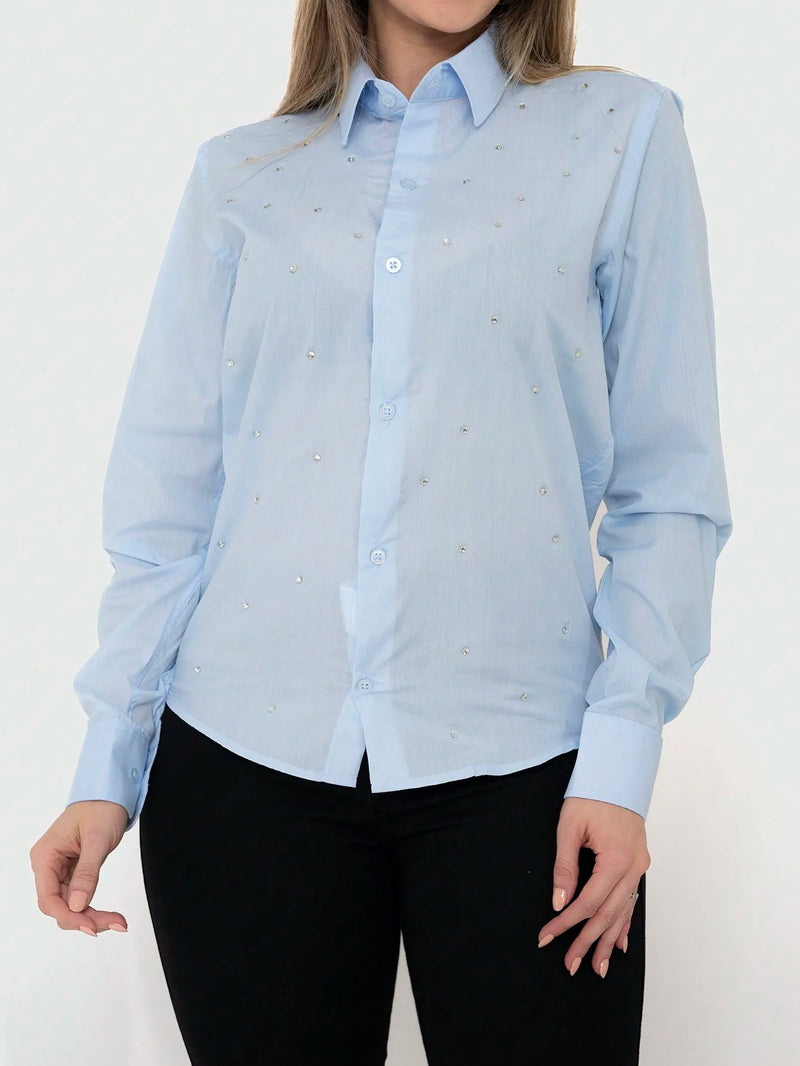 Women's KIT 2 Pieces-Baby Blue Social Shirt Long Sleeve with Rhinestone and Trousers Flare Jeans Black Lift Butt