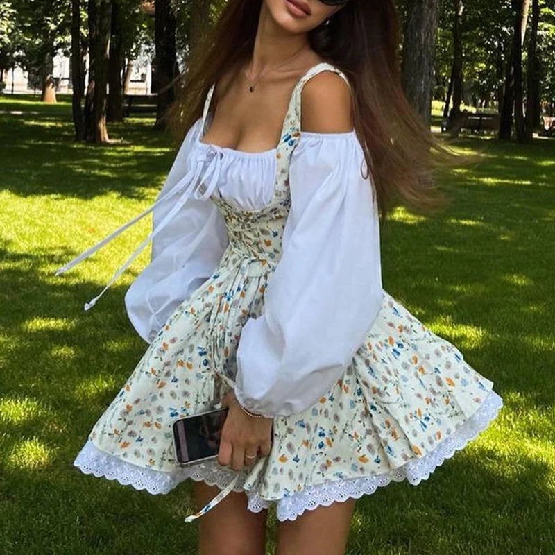 Y2k Cottage Lace Patchwork Off-shoulder Square Collar A-line Dress Floral Printed Fake 2 Piece-set Tie Up Mini Dress Streetwear