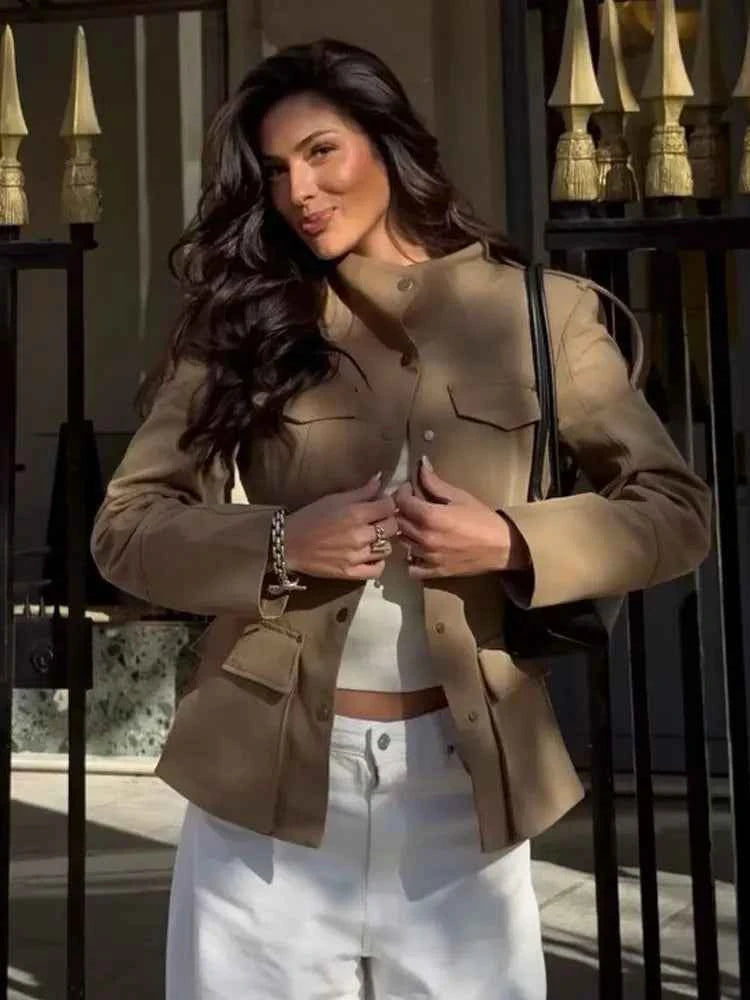 HH Women New Fashion Long Sleeve khaki Coat Pocket Single Breasted Slim Casual Jacket 2026 Spring Ladies Street Elegant Coats