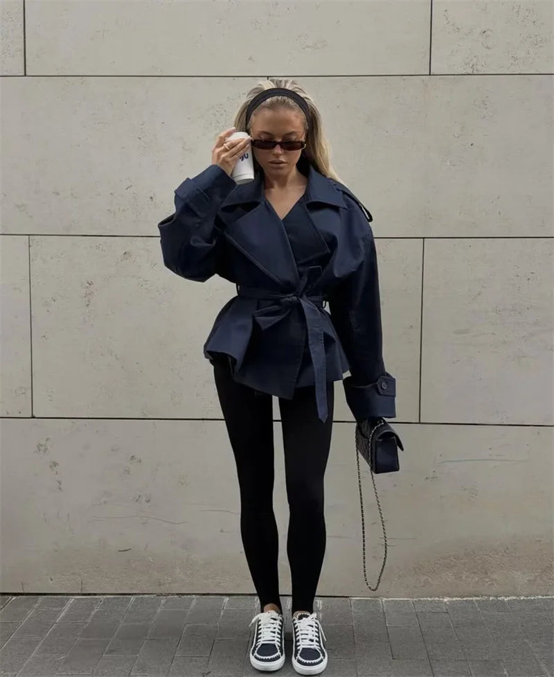 Women's Coat 2026 Spring New Style Solid Color Long Sleeve Belted Short Trench Coat European and American Personalized Fashion
