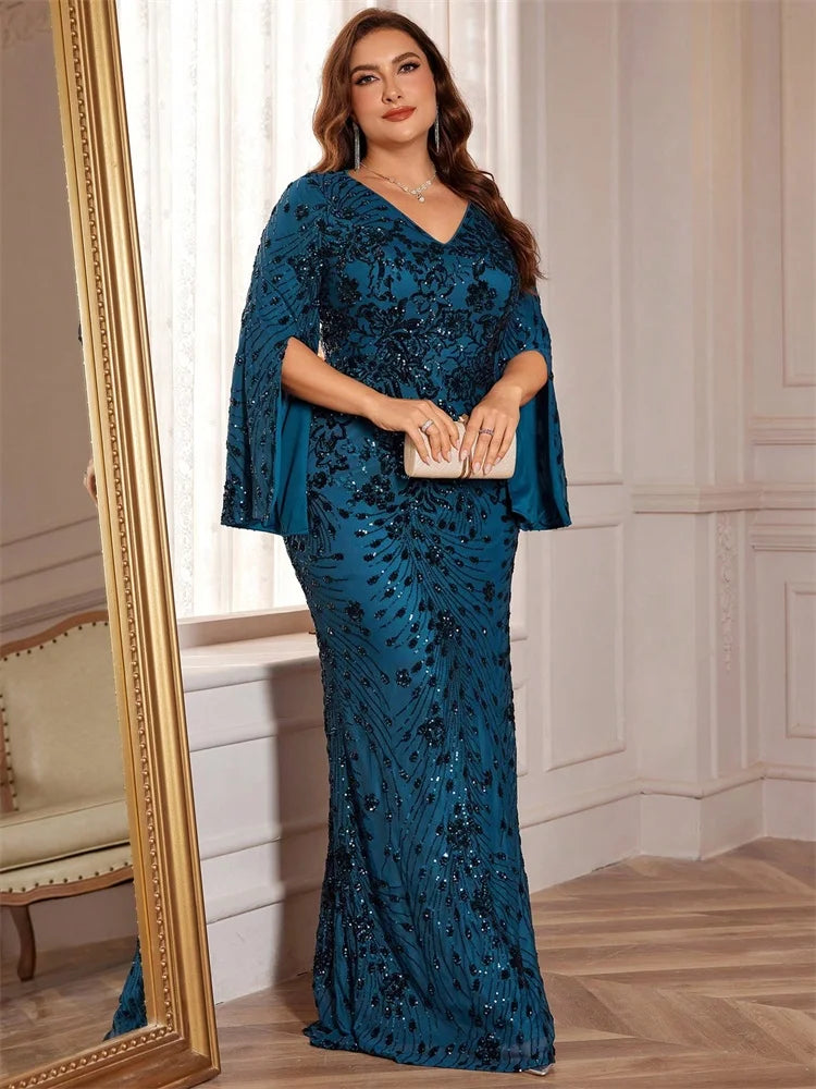 Lucyinlove Plus Size Luxury Gold Evening Dresses Women 2025 Long Sleeve Mermaid Formal Sequins Prom Wedding Party Cocktail Gowns