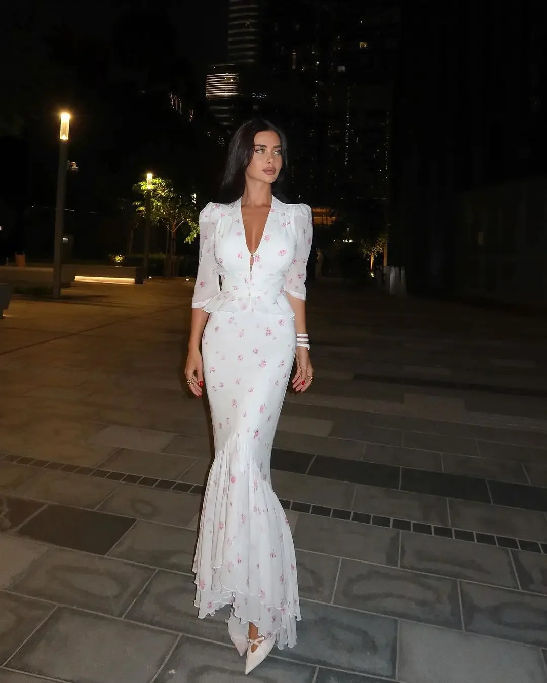 Women White Floral Print Maxi Dress V Neck Puff Sleeve Peplum Waist Fishtail Hem Chiffon Robe Elegant Party Wedding Guest Gown