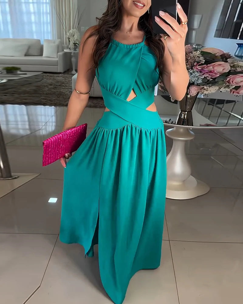 2025 Spring Halter Sleeveless Tied Detail Shirred Criss Cross Flared Dress Glamorous Evening Dress