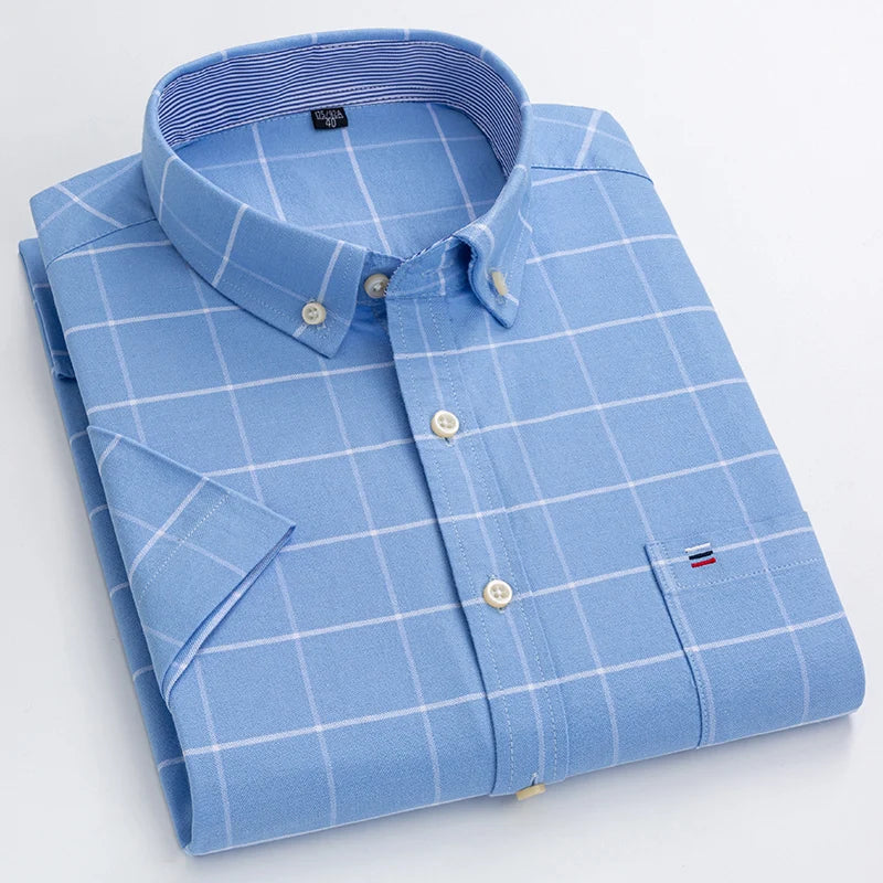 Men's Pure Cotton Oxford Short Sleeve Summer Casual Shirts Comfortable Standard-fit Button-down Plaid Solid Color Cotton Shirt