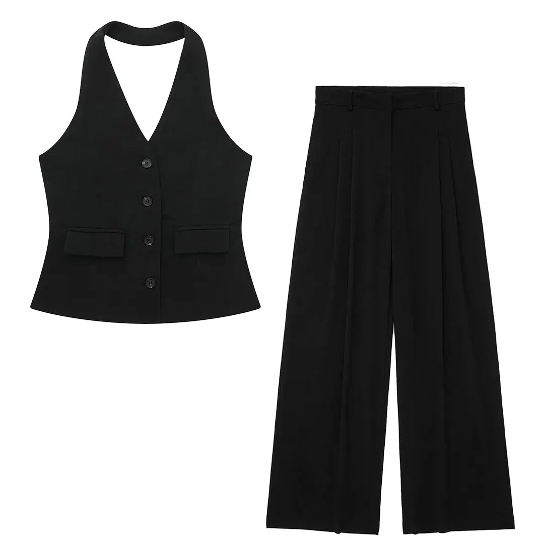 HH Pant Sets For Women Fashion Yellow Backless Button Halter Crop Vest Top Straight Trousers Elegant Office Lady Suit