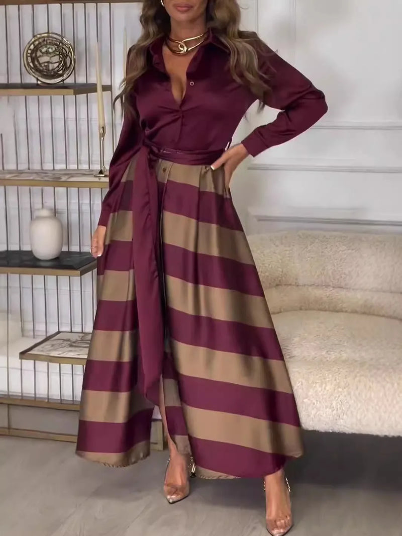Casual Striped Print Shirt Dress Women Fashion Button Long Sleeve Maxi Dresses Spring Autumn Elegant  A-line Lace Up Vestidos