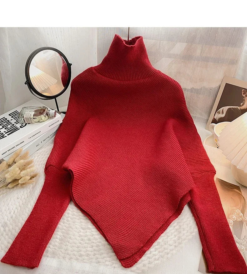 Asymmetric Knit Poncho Sweater for Women Soft Rib-knit Turtleneck Long Sleeve Pullovers Female Tops Autumn Winter Casual Outfit