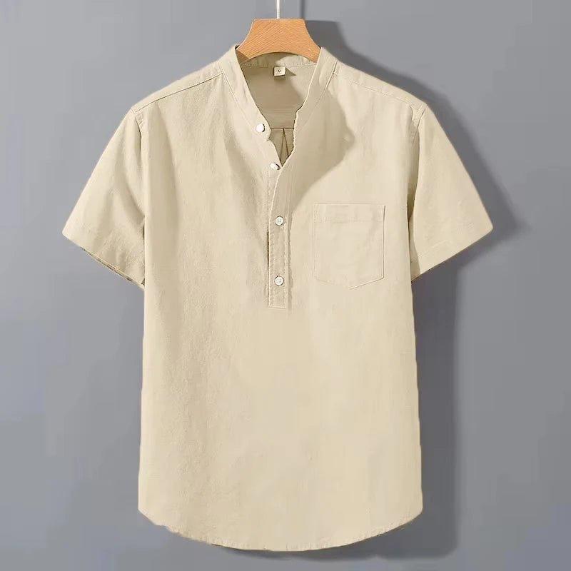 Camisetas de manga curta, cor sólida, gola alta, moda verão, respirável, solta, básica, algodão, bolso, top