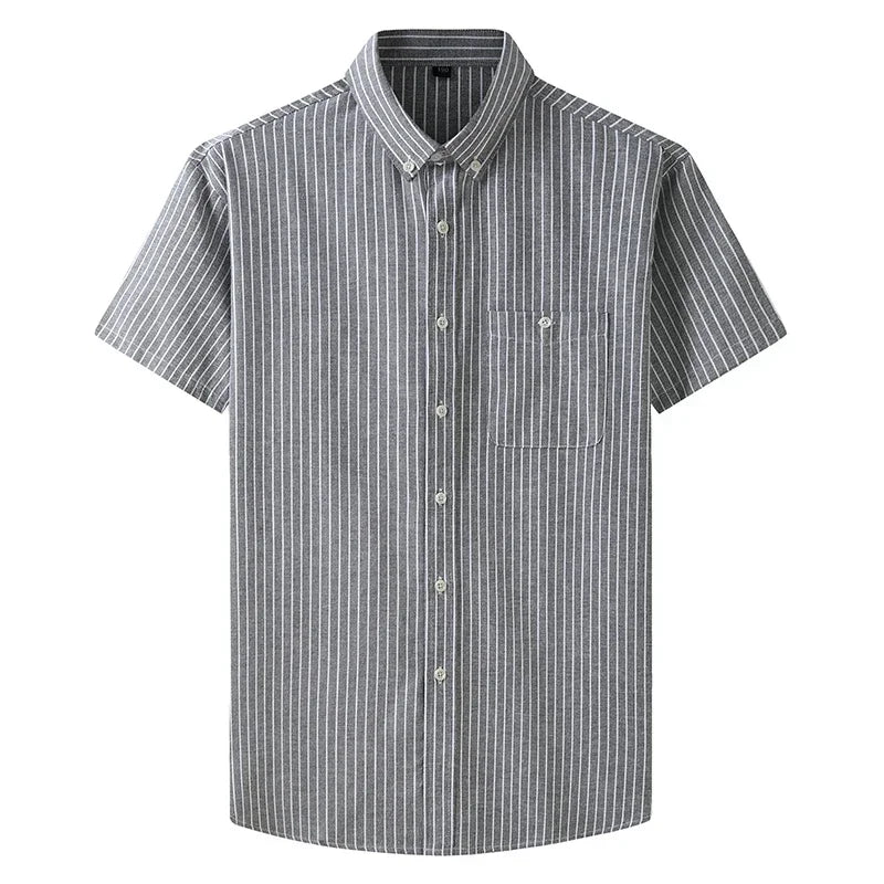 New Summer Men Striped Short Sleeve Shirt Men Dress Shirts Pure Color Business Work Button Up Shirt Big Social Korean Clothes