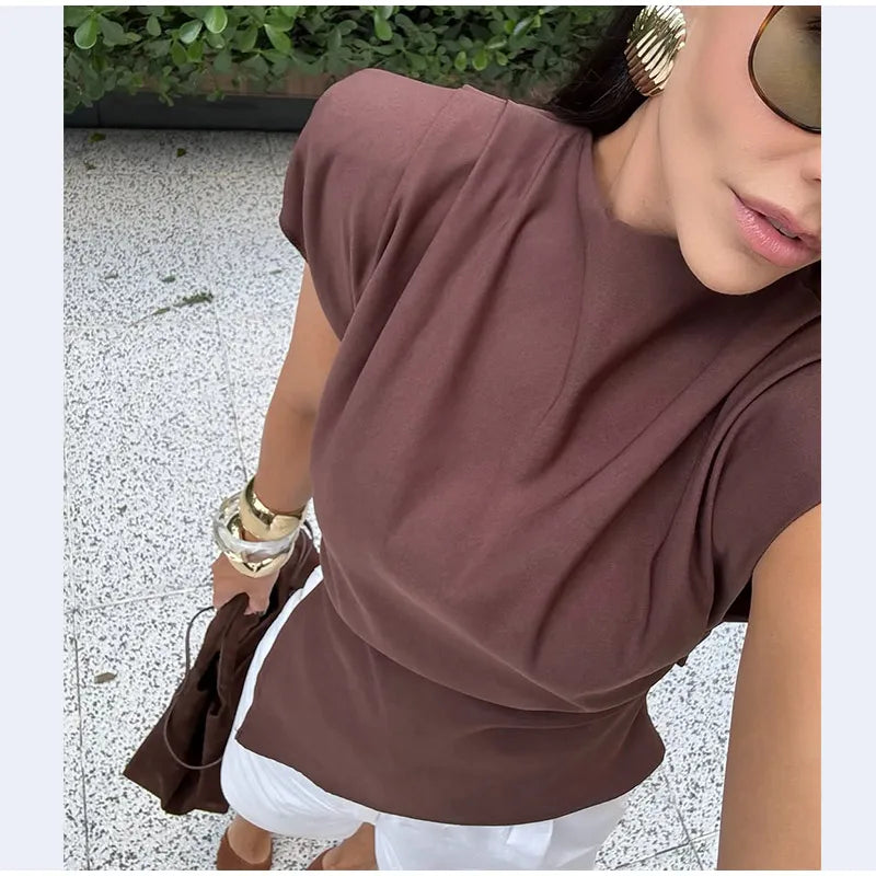 Vestido longo elegante com decote redondo e manga curta, moda feminina, liso, plissado, gaze, patchwork, 2025, novo, para escritório