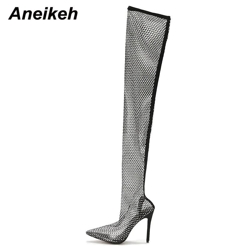 Aneikeh Sexy Bling Rhinestone Mesh Shoes Over The Knee Boots Women Pointed Toe Sandals Nightclub High Heels Botas Femininas 2024 - CRAVO ROSE