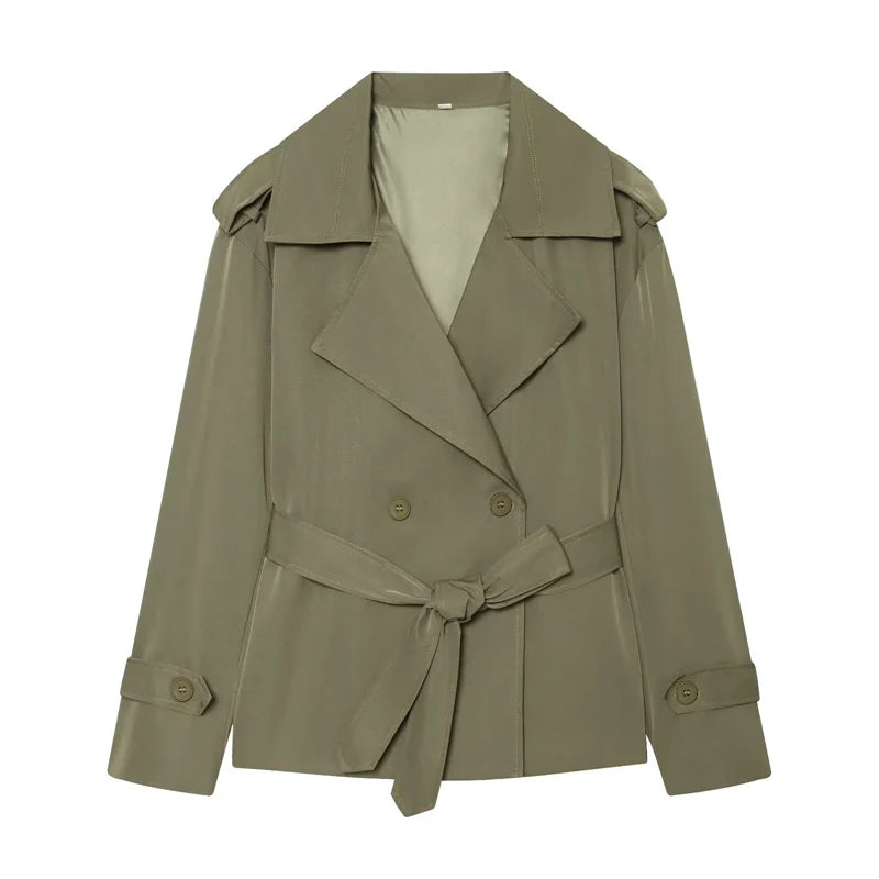 Women's Coat 2026 Spring New Style Solid Color Long Sleeve Belted Short Trench Coat European and American Personalized Fashion
