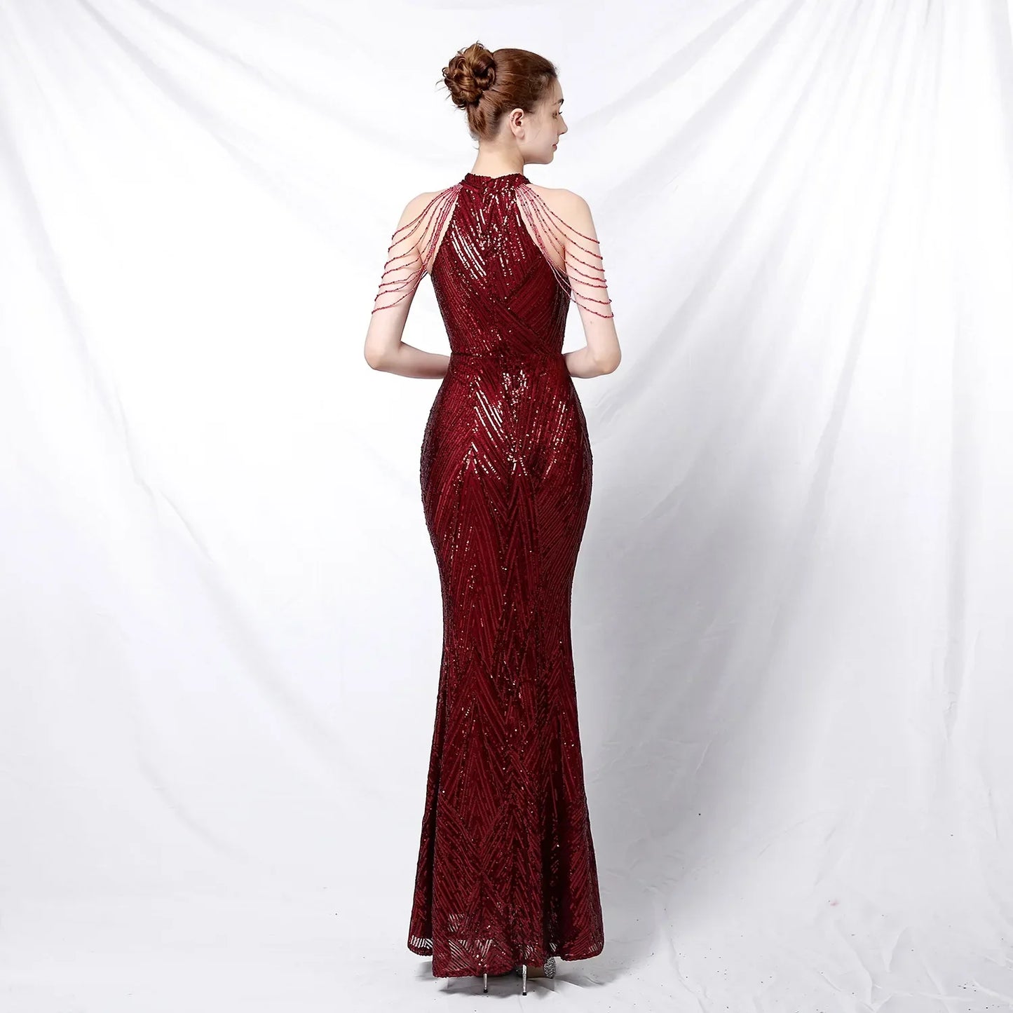 Xmas Sequin Maxi Dress Halter Neck Stripe Mermaid Long Lady Coctail Prom Dress Party Evening Dancing Performance Shimmering Wear