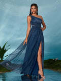 Vestido um ombro assimétrico pregas no peito cintura fenda vazada Um balanço malha saia longa Vestido de noite Vestido de baile