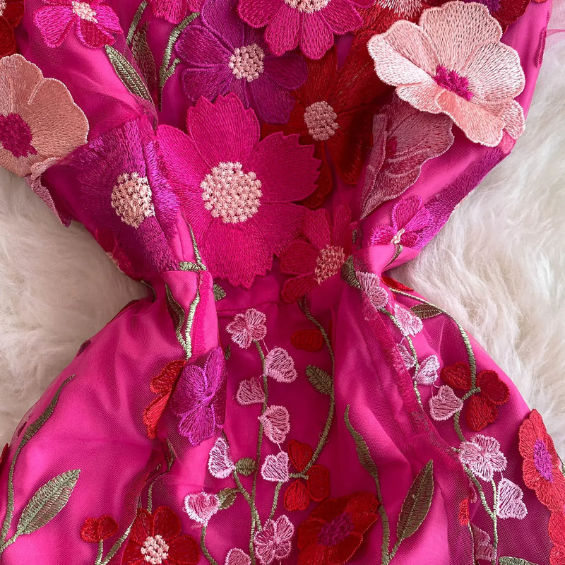 Summer High-end Embroidery Lace Prom Dress Women French Luxury 3D Flower Short Sleeve Long Dress Party Bodycon Holiday Vestido