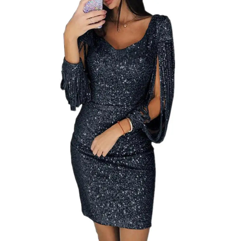 Women Mini Dress Glitter V Neck Hollow Out Tassel Long Sleeve Bodycon Gown Sexy Hip High Waist Dress Women Elegant Party dress